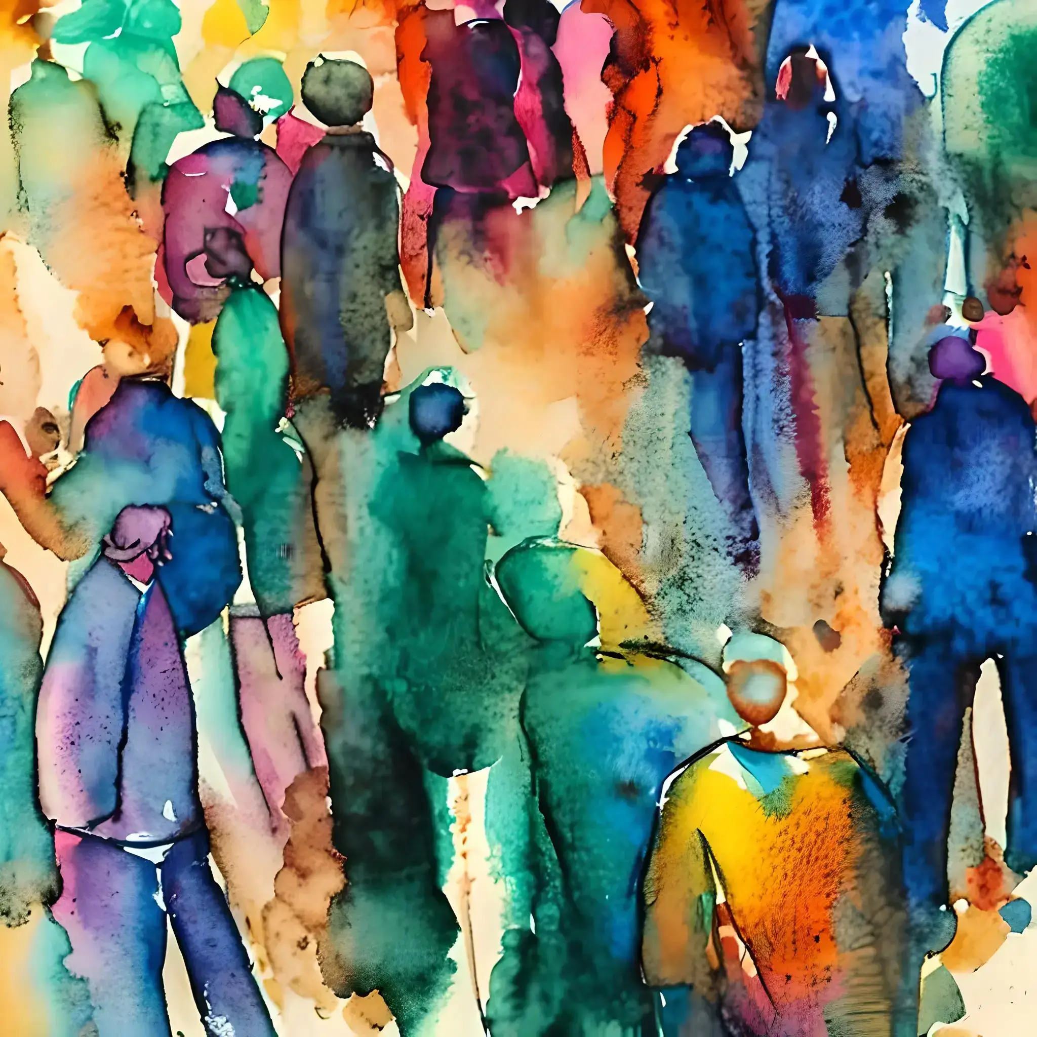 Watercolor in expressionist style of a group of alienated people