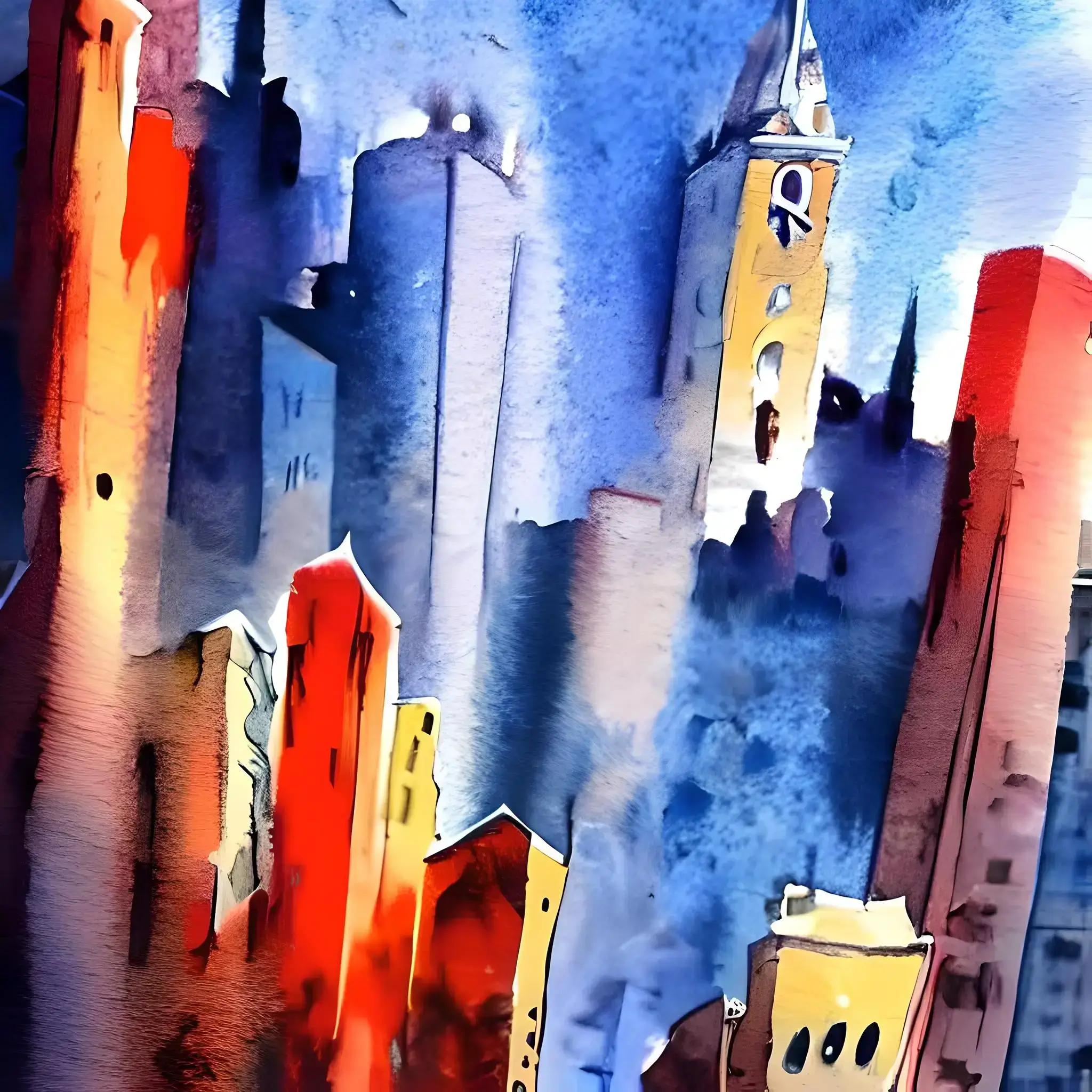 Watercolor in expressionist style of an imaginary city