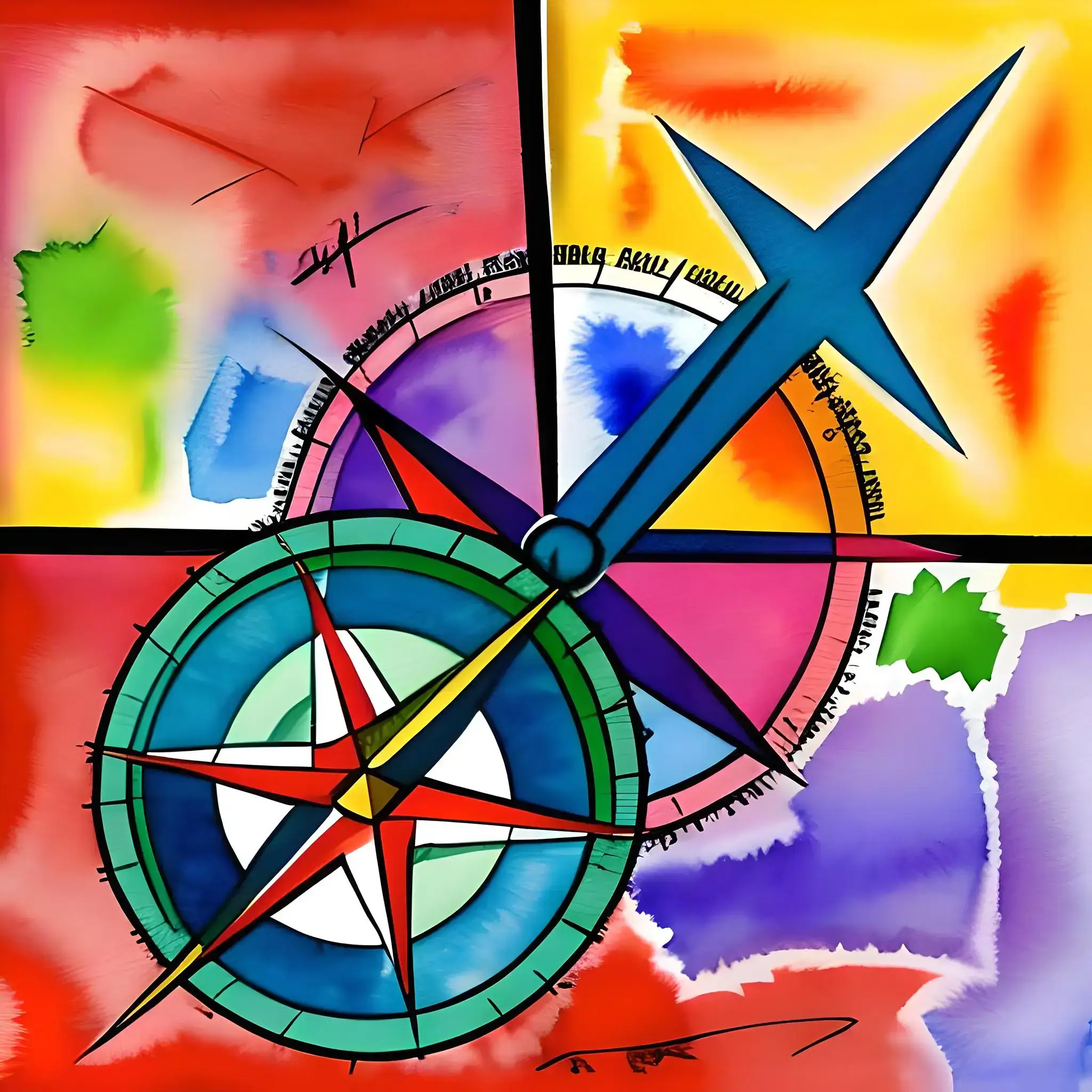 Watercolor in expressionist style of a compass