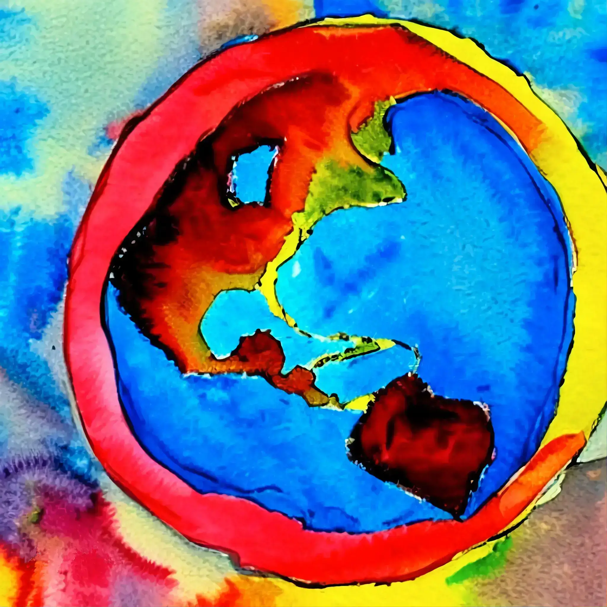 Watercolor in expressionist style of Planet Earth with a red involucrum