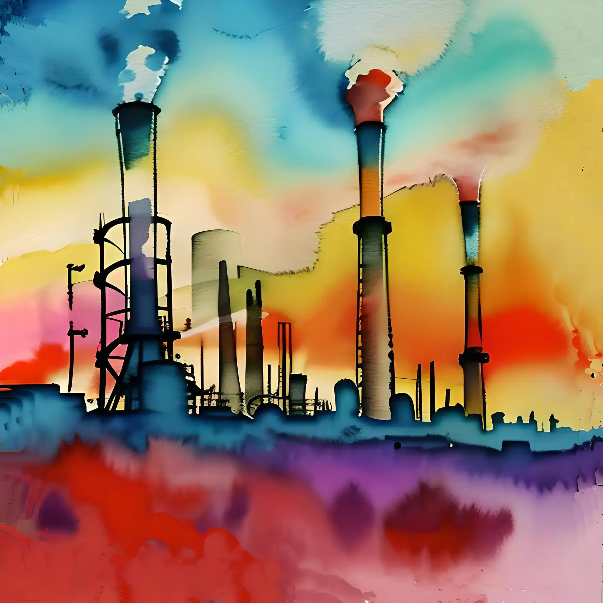 Watercolor in expressionist style of factories belching smoke