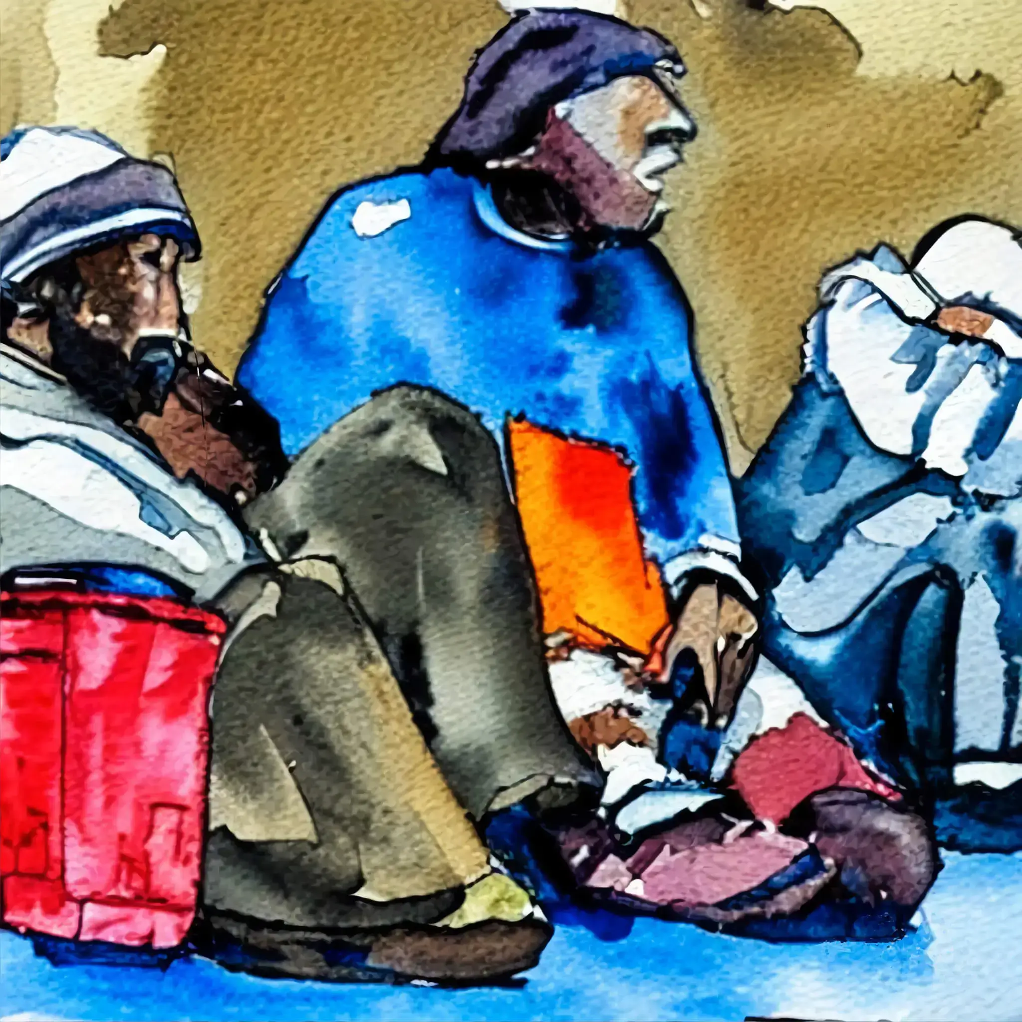 Watercolor in expressionist style of homeless people