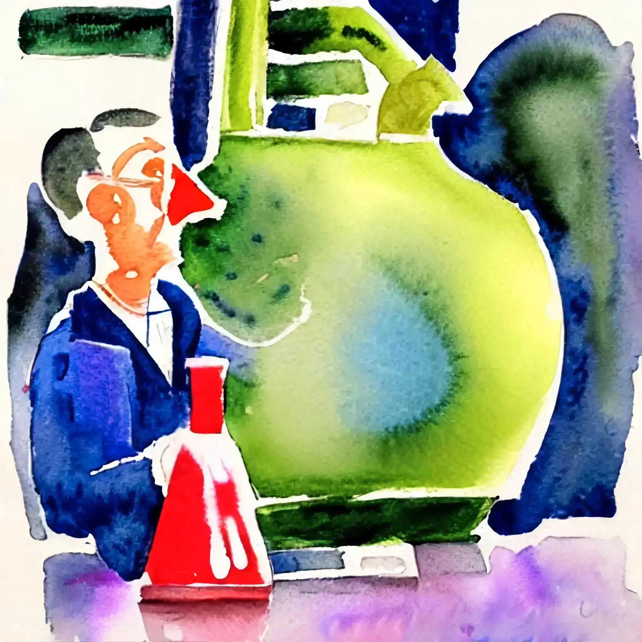 Watercolor in expressionist style of a perplexed scientist in his laboratory