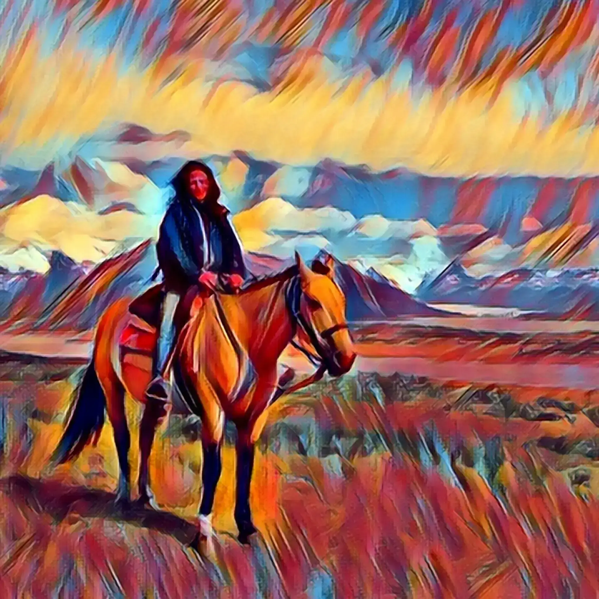 Watercolor in expressionist style of Sonia Wanda Grillo riding a horse in Patagonia, Argentine