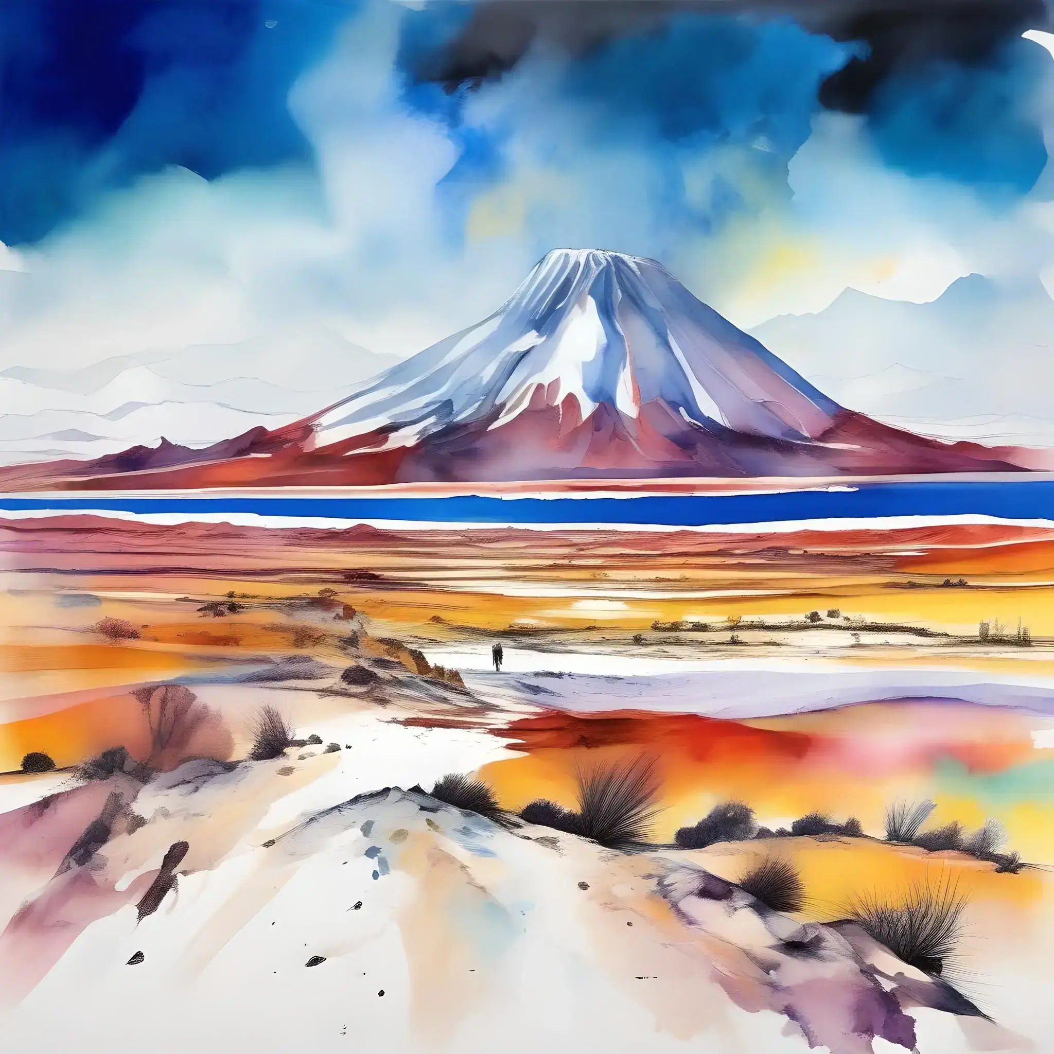 Watercolor in expressionist style of the Uyuni Desert, Bolivia