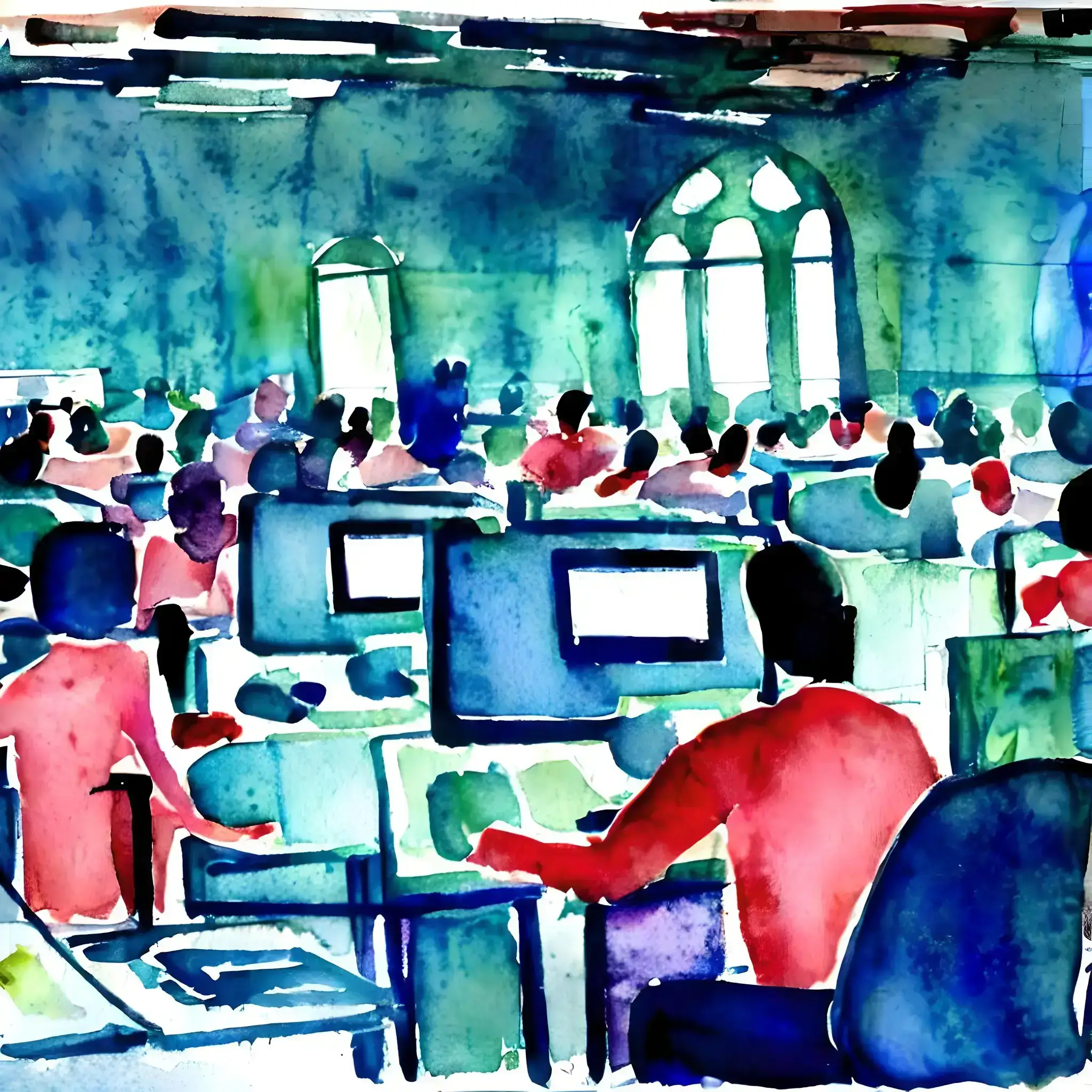 Watercolor in expressionist style of workers on their computers